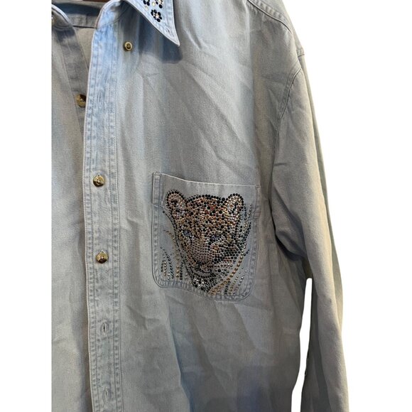 Sprinkles Long Sleeve Blue Denim Button-Down Shirt Cheetah Design Women's Size L - Picture 3 of 4